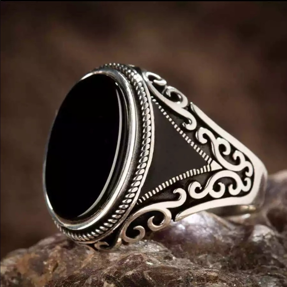 Vintage Handmade Turkish Signet Ring FMen Women Ancient Silver Color Black Onyx